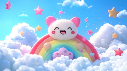 Cute cloud rainbow creature in happy sky scene