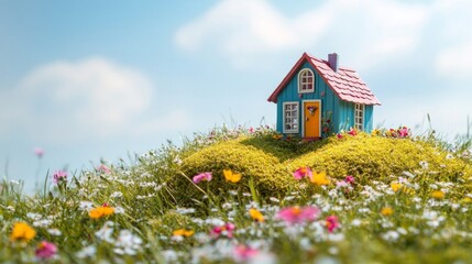 Charming Miniature House in a Vibrant Flower Meadow