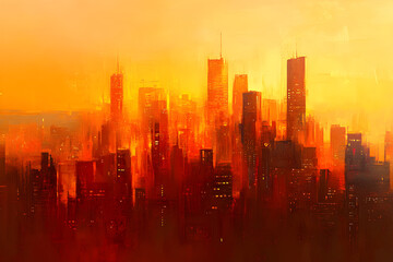 Orange Cityscape at Sunset: A Skyline of Silhouette and Warmth in Harmony with Nature's Evening Glow