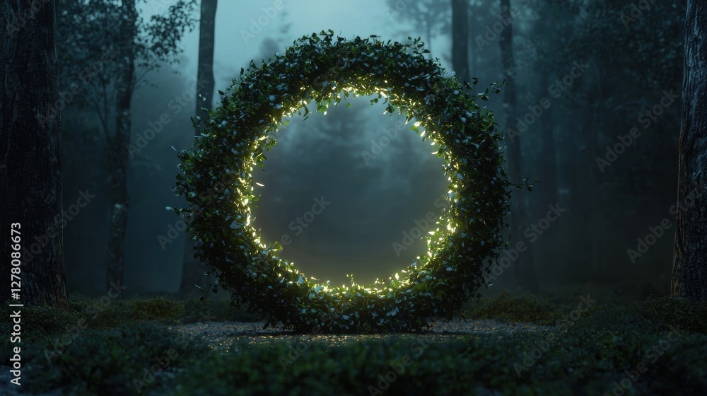 Poster circular wreath made of green leaves in the middle of a foggy forest. the wreath is made up of small