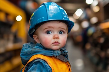 Young child with blue hard hat looks curiously in busy workshop environment during daytime
