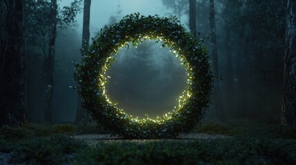 Circular wreath made of green leaves in the middle of a foggy forest. the wreath is made up of small leaves that are arranged in a circular pattern, creating a sense of depth and dimension.