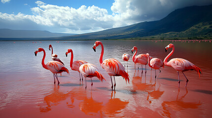 Naklejka premium Flamingos wading in serene lake, vibrant pink birds reflected in water, tranquil nature scene perfect for wildlife themes.