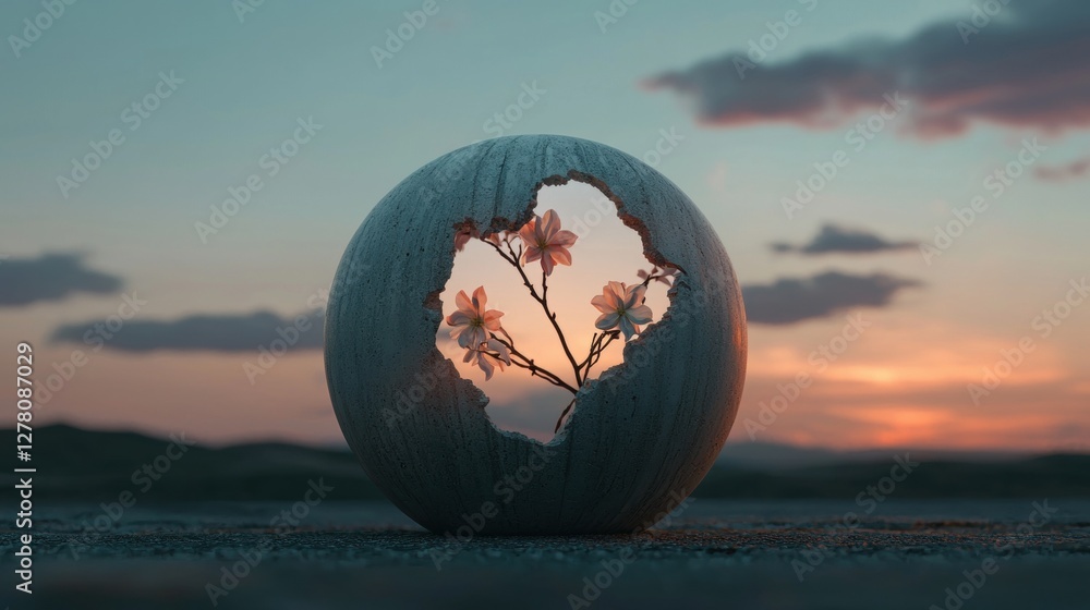 Poster digital art piece that appears to be a photograph of a spherical object with a small branch of pink 