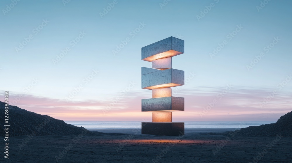 Poster photograph of a tall, abstract sculpture on a sandy beach at sunset. the sculpture is made up of mul