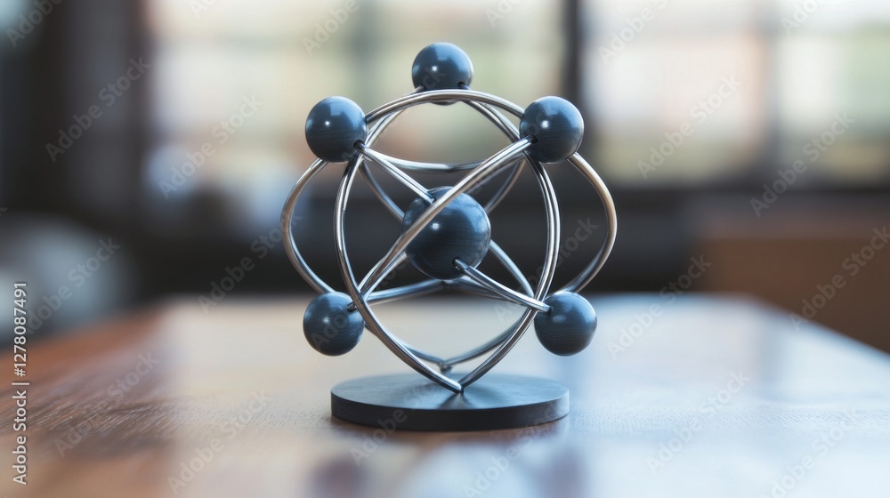 Poster futuristic science background with molecular model of atom structure, glowing particles, and interco