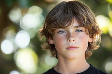 Young boy with curly hair and striking blue eyes outdoors during daylight