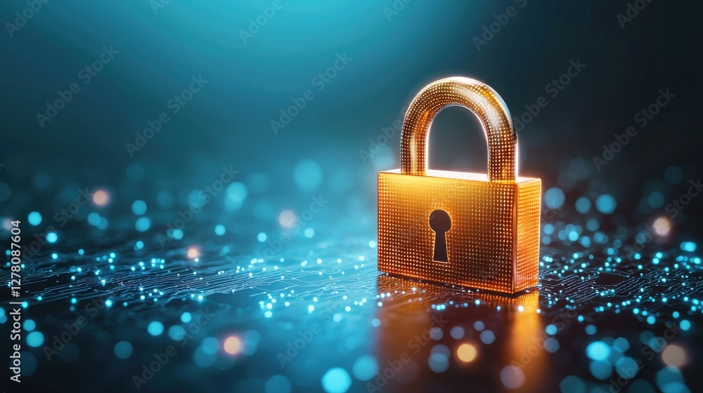 Poster shiny padlock on a digital background representing security.
