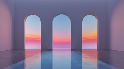 Empty room with three arched windows in the center. the windows are arranged in a triangular formation, with the largest window on the left and two smaller windows on the right.