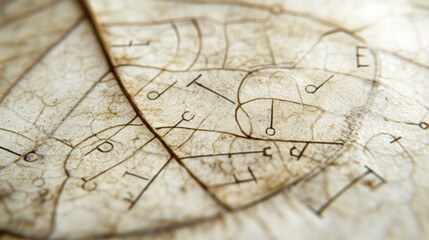 Naklejka premium Close-up of a leaf with intricate patterns and markings, resembling a scientific illustration.