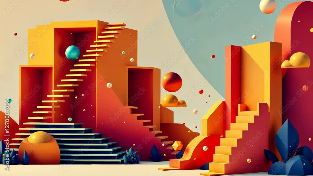 Aufkleber A colorful building with orange and blue stairs. There are also some spheres in the background. The building is made of blocks and has a lot of stairs