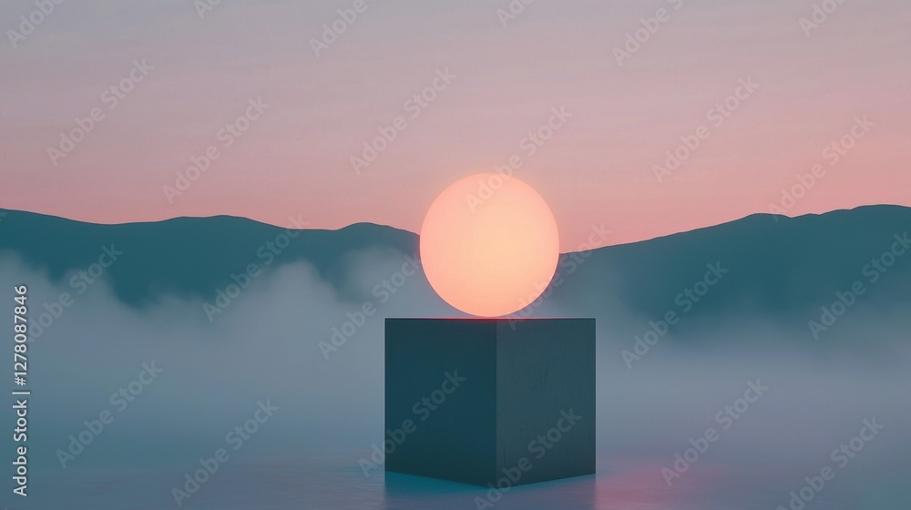 Poster digital illustration of a square-shaped object with a glowing orange sphere on top. the sphere is pl