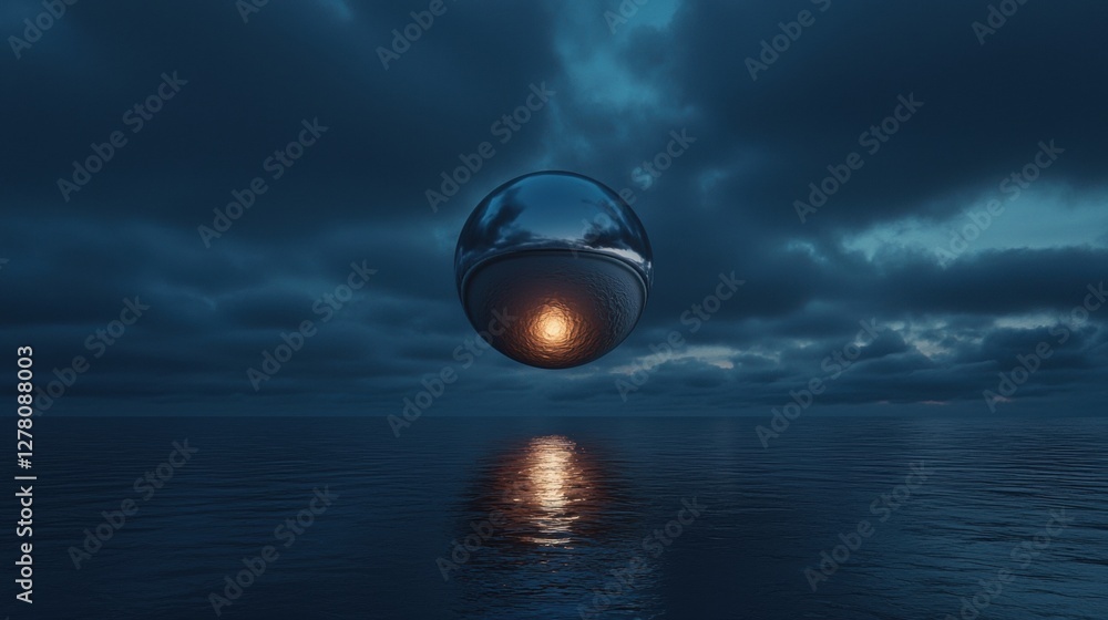 Poster digital illustration of a sphere floating in the middle of the ocean. the sphere is spherical and ap