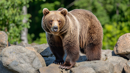 Wild brown bear standing on rocks in a forest during autumn, surrounded by golden foliage, with a scenic mountain landscape in the background, symbolizing wildlife, nature, and wilderness exploration

