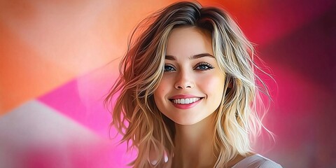 Naklejka premium A vibrant digital portrait of a joyful young woman for International Women's Day, perfect for celebrations, marketing campaigns, and women's empowerment themes.