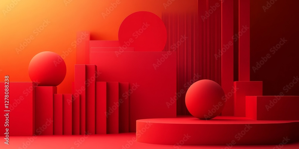 Aufkleber an abstract composition with various red geometric shapes. featuring spheres, cubes, and platforms a
