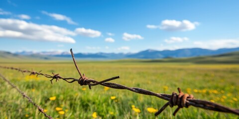 A barbed wire fence stretches across a vibrant green field under a blue sky with fluffy clouds and distant mountains, capturing a serene rural landscape.