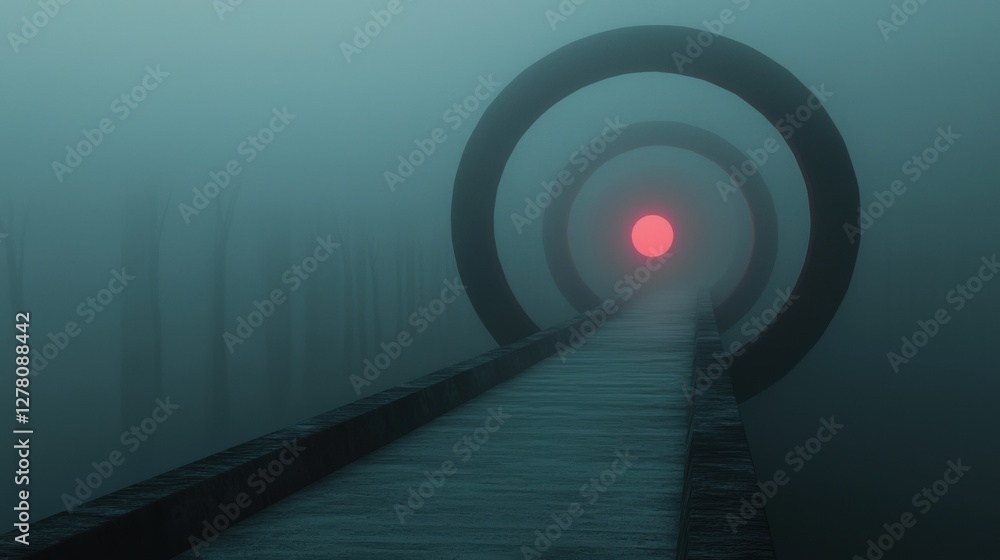 Poster long, narrow pathway that leads to a tunnel-like structure in the middle of a foggy forest. the tunn