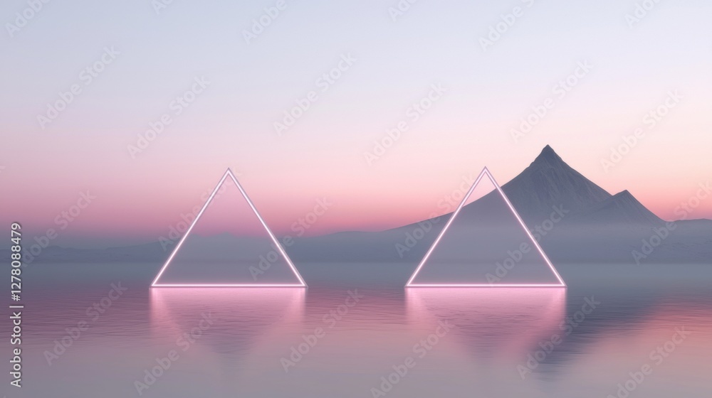 Poster two triangular shapes, which appear to be made of neon lights, standing in the middle of a body of w