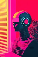 Futuristic Robot Figure with Headphones in Neon Color Scheme
