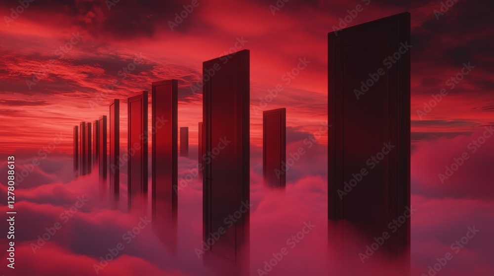 Poster group of tall, rectangular pillars standing in a line in the middle of a vast, foggy landscape. the 