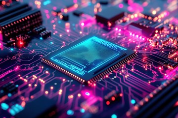 Exploring Microchip Circuitry: Advanced Technology's Tiny Powerhouse with Glowing Traces and Intricate Designs, Illuminating the Future of Computing.