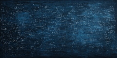 A dark blue chalkboard filled with complex mathematical equations and symbols, showcasing advanced scientific concepts and calculations.