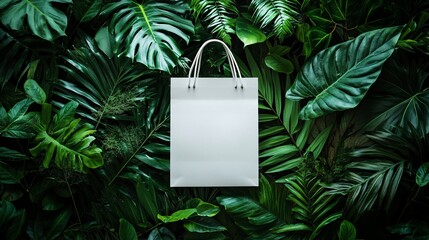 A blank white shopping bag mockup on lush green leaves, symbolizing sustainability, zero waste, and environmental conservation for eco-friendly product designs.