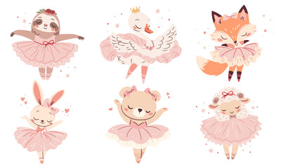 A set of flat vector illustrations in a simple children's style. Cute animals doing ballet, rabbit sheep bear swan, sloth, bird cub and fox in pink ballet tutus . Vector illustration © Alena