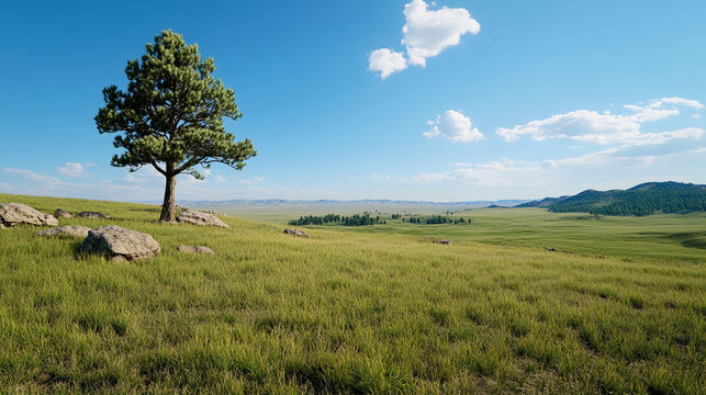 &Aacute;rbol solitario en una pradera con rocas y monta&ntilde;as bajo un cielo azul despejado