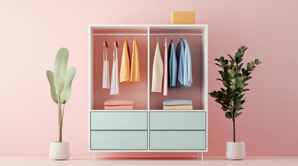 Open wardrobe displays pastel clothing with plants against a soft pink backdrop in a modern setting