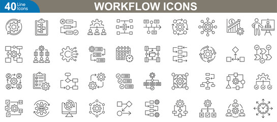 Work flow icons set. Icons for task management, project planning, workflow automation, team collaboration, productivity optimization, progress tracking and more. Vector illustration