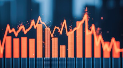 A vibrant bar chart with upward trends and fluctuating lines, representing data analysis and financial metrics in a digital format.