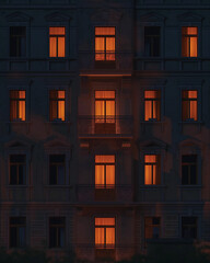 Illustration of an Old Building with Door and Windows at Night. Cityscape Concept. Generative AI