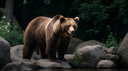 Fototapeta premium Wild brown bear standing on rocks in a forest during autumn, surrounded by golden foliage, with a scenic mountain landscape in the background, symbolizing wildlife, nature, and wilderness exploration 