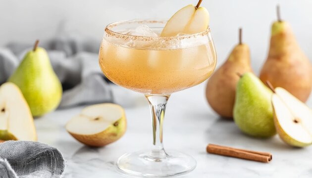 A ginger and pear mocktail, with a hint of cinnamon, served over ice in a vintage coupe glass for a warm, spicy flavor. - Powered by Adobe