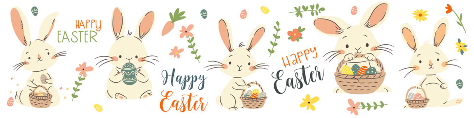 A set of flat vector illustrations in a simple children's style and lettering on the theme of Easter. Cute bunnies and rabbits holding baskets with Easter eggs. Vector illustration