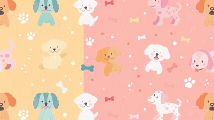 Obraz premium Cute dog pattern, pastel colors, playful dogs, background of bones and paw prints