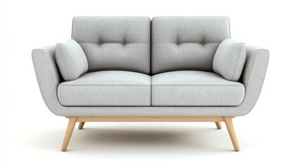 Fototapeta premium Blue and White Patterned Loveseat with Light Wood Legs on White Background