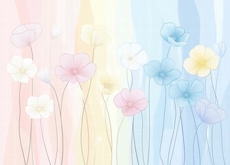 spring background with flowers and text Hello Spring. Hand-drawn illustration of cute flowers, leaves, and petals on a pastel-colored field
