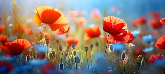 Obraz premium landscape photography a grass seamless pattern of wild flowers poppy