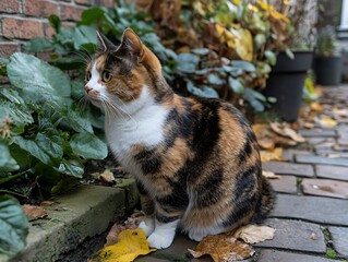 Autumnal cat sits in cobblestone alleyway