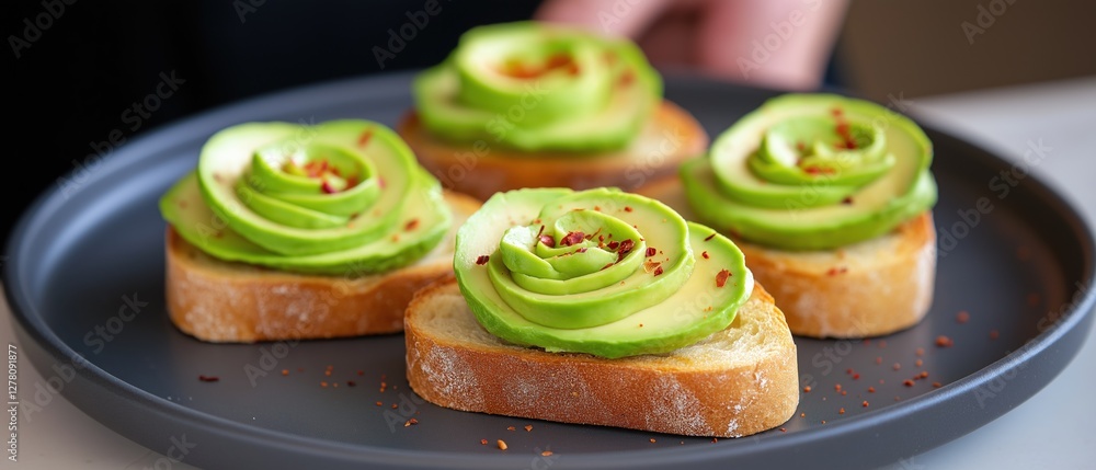 Poster black plate with four pieces of bread on it. on top of the bread, there is a layer of sliced avocado