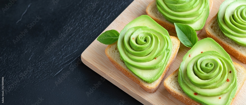 Poster four slices of bread on a wooden cutting board. each slice is topped with a generous layer of green 