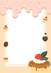Pretty background paper design with pudding, chocolate and dessert. Background illustration. Letter paper, notepad, notes. Vector illustration