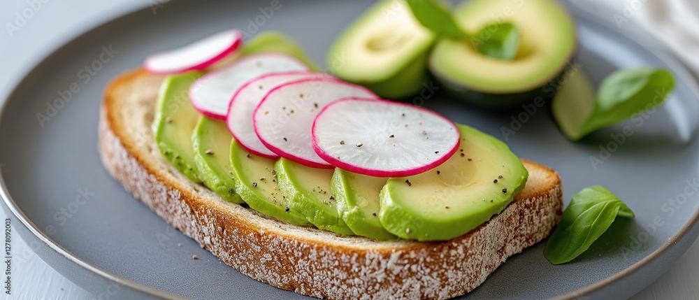 Poster slice of bread on a grey plate. the bread is toasted and has a golden brown crust. on top of the bre