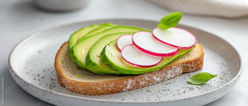 Poster slice of bread on a white plate with a speckled pattern. on top of the bread, there are sliced avoca