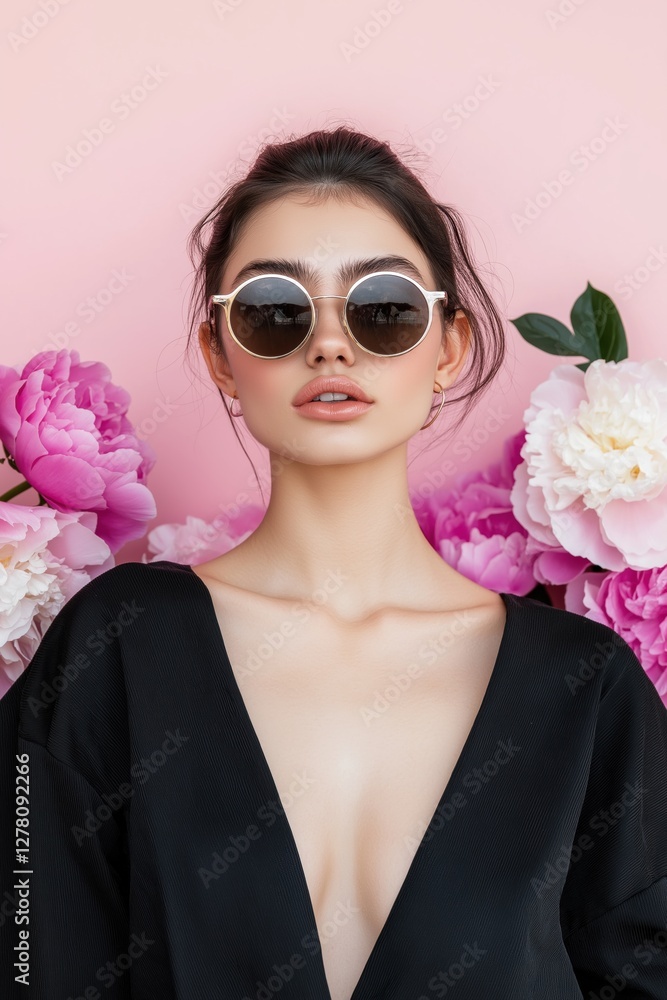 Poster A woman in a black dress is wearing sunglasses and standing in front of pink flowers. Concept of elegance and sophistication, as the woman's outfit