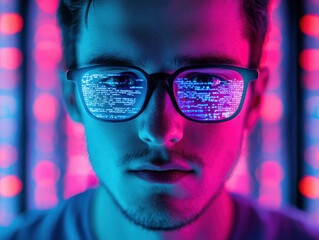 person wearing glasses with code reflections in neon lit environment