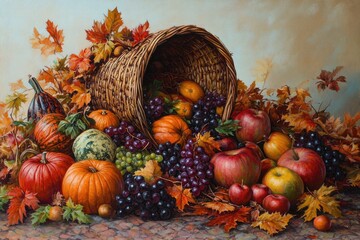 Autumn cornucopia overflowing with fruits and vegetables, fallen leaves